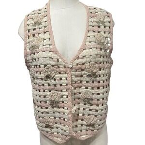 Vintage Life Style Rose Embroidered Lattice Vest Cotton Cottagecore Boho Large